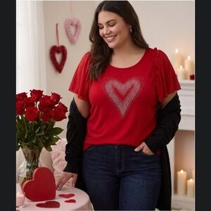 Sweet Violet red ruffle sleeve top with heart rhinestone detail